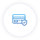 Blue icon of a credit card with a check mark on a white background