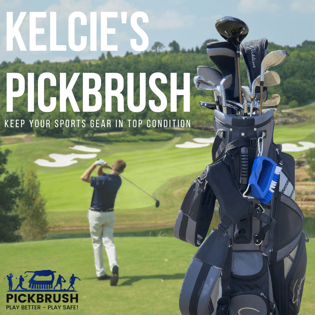 Golf bag with clubs on a golf course, featuring Pickbrush branding.