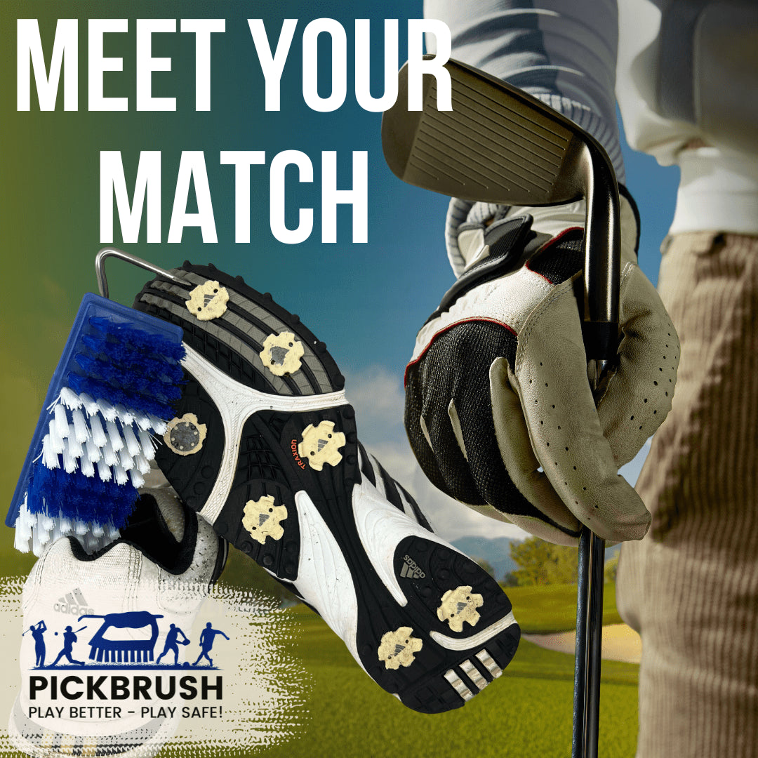 Golf shoe with brush, golf club, and glove on a golf course background with 'Pickbrush' branding.