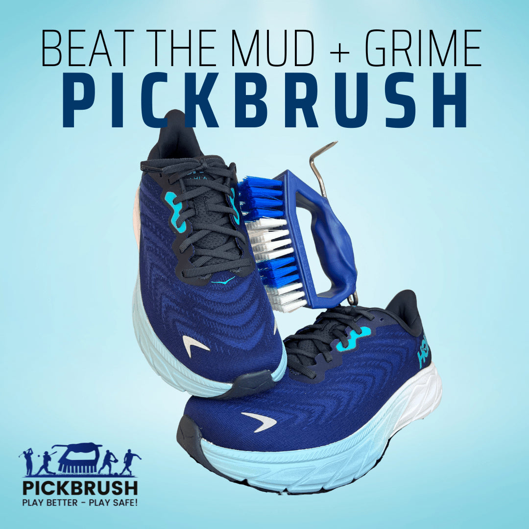 Blue running shoes with a Pickbrush on a light blue background, featuring the Pickbrush logo.