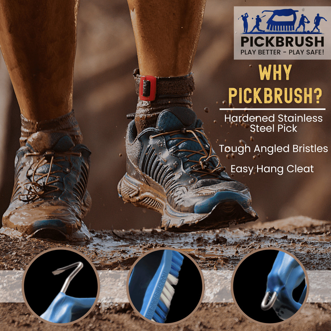 Person wearing muddy shoes with Pickbrush advertisement highlighting product featuresof Kelcies Pickbrush  